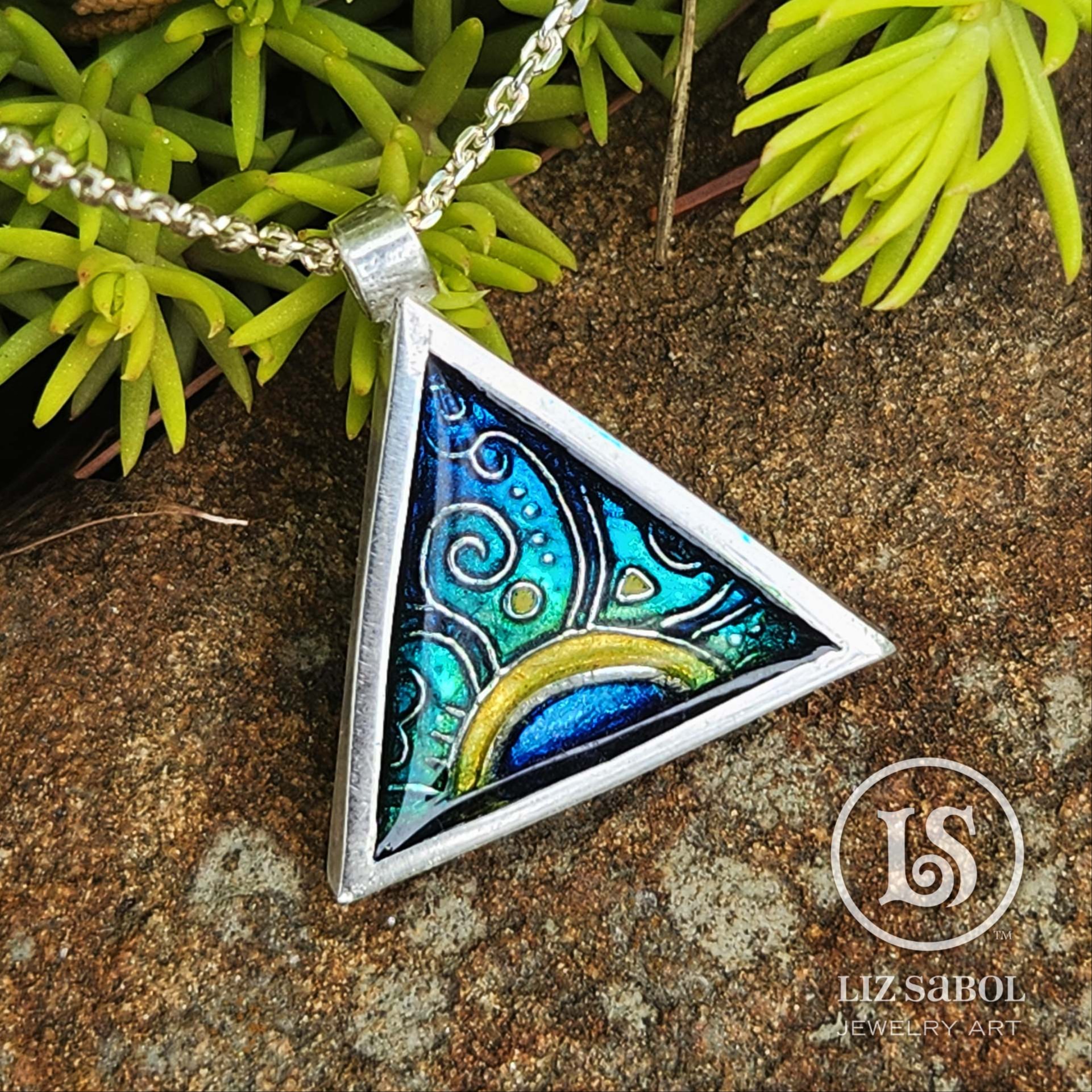 Aqua Dawn Triangle  pendant,  sterling silver 